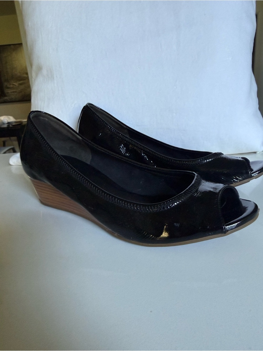 Cole Haan Air Tali Black Patent Leather Open Toe Wedge Pump Heels Shoe Womens 7B